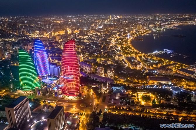 Azerbaijan's vibrant capital Baku lies on the shore of the Caspian Sea. Dominating the skyline here are the Flame Towers, a nod to the country's nickname of "Land of Fire."